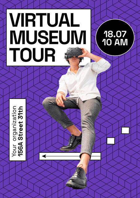 Virtual Museum Tour Offer with Man on Blue Poster Modelo de Design