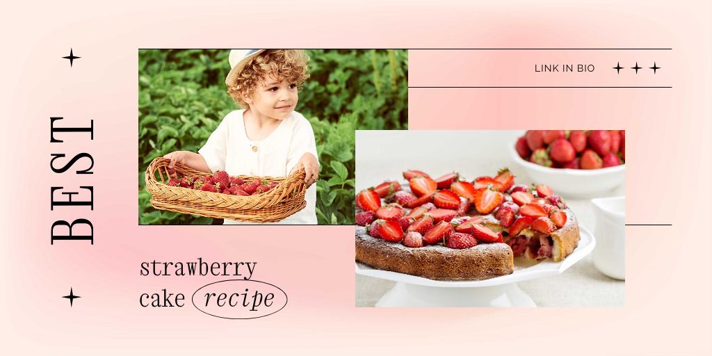 Designvorlage Strawberry Cake Ad with Cute Kid holding Berries für Twitter