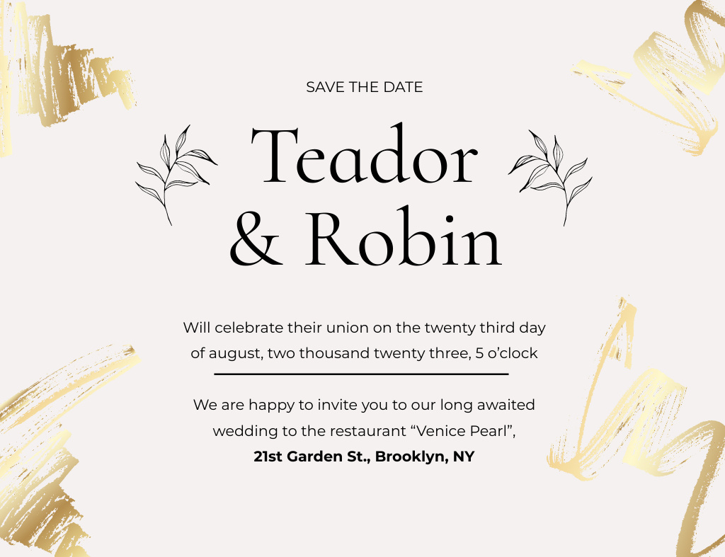 Wedding Day Announcement With Leaf Illustration Invitation 13.9x10.7cm Horizontal Tasarım Şablonu