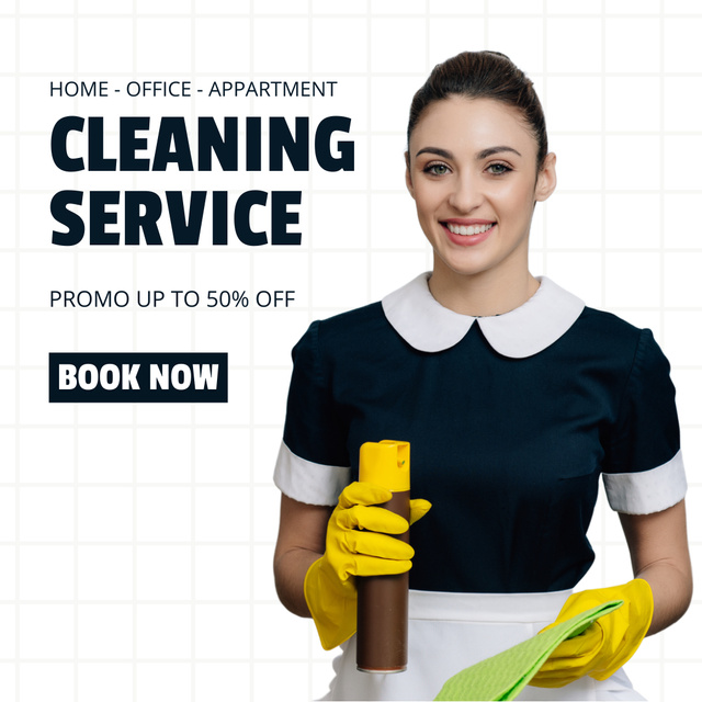 Ontwerpsjabloon van Instagram AD van Expert Cleaning Service Ad with Maid in Yellow Gloves