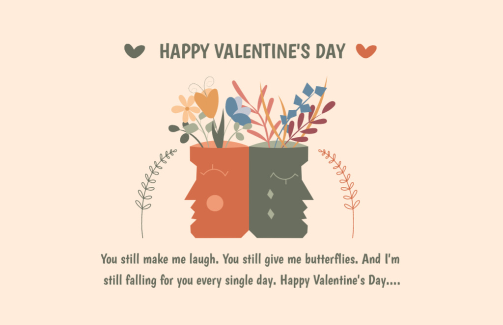 Valentine's Day Greetings with Male and Female Profiles and Hearts Thank You Card 5.5x8.5in Design Template
