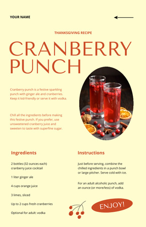 Thanksgiving Cranberry Punch Cooking Steps Recipe Card Design Template