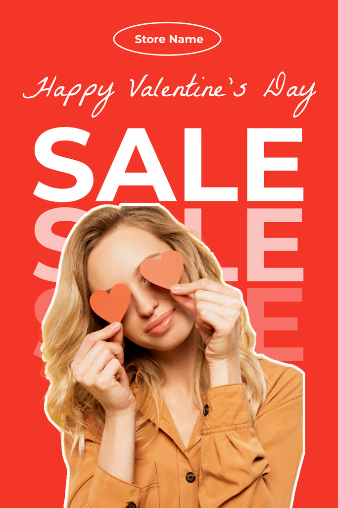 Valentine's Day Sale with Young Attractive Blonde Woman Pinterest Design Template