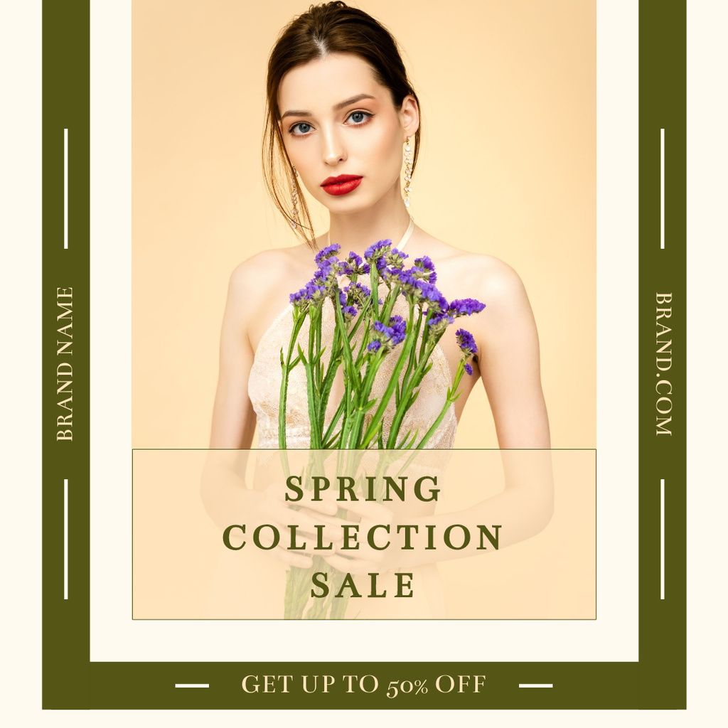 Ontwerpsjabloon van Instagram van Spring Collection Sale with Young Woman with Flowers
