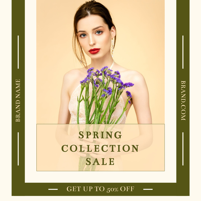 Plantilla de diseño de Spring Collection Sale with Young Woman with Flowers Instagram 
