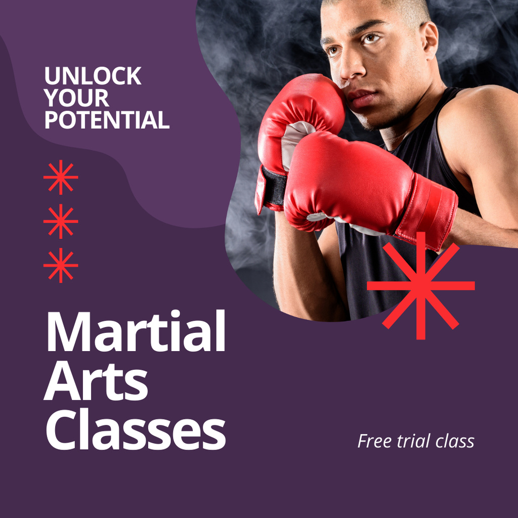 Plantilla de diseño de Martial Arts Classes with Fighter in Boxing Gloves Instagram 