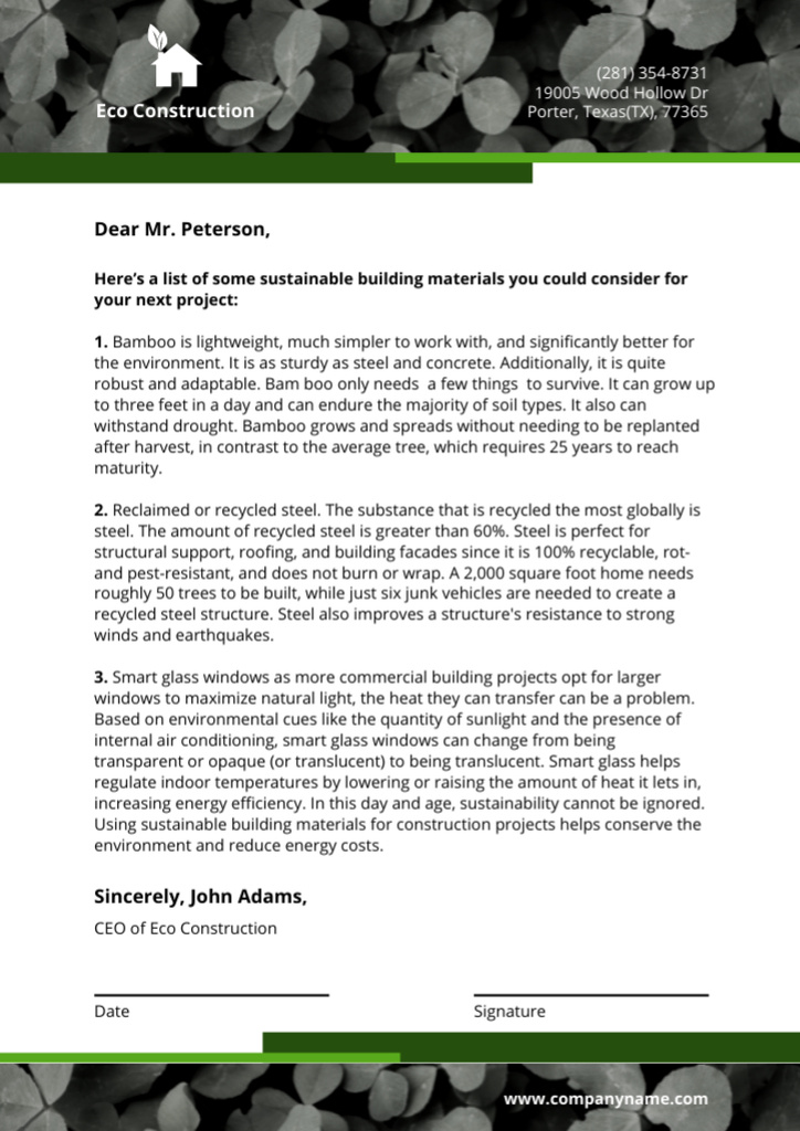 Construction Company Letter with Green Leaves Letterhead – шаблон для дизайну