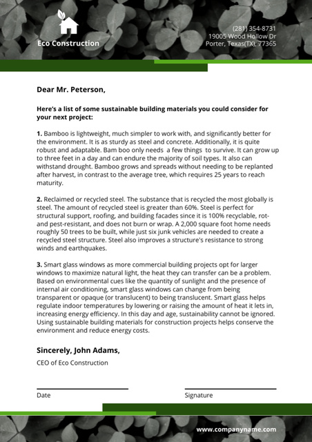 Ontwerpsjabloon van Letterhead van Construction Company Letter with Green Leaves