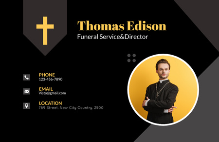 Funeral Services Offer with Priest on Black Business Card 85x55mm Design Template
