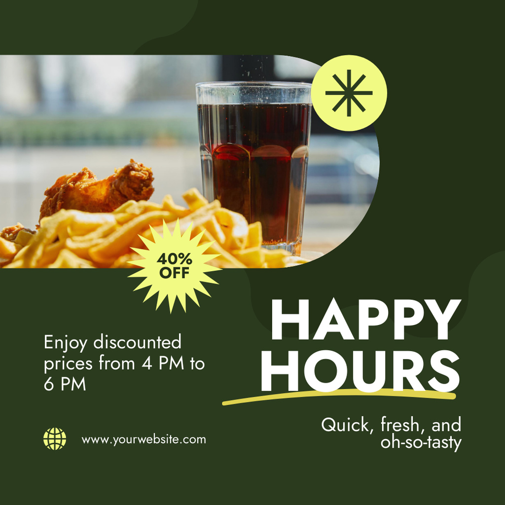 Happy Hours Ad with Drink and Fast Food Instagram AD Tasarım Şablonu
