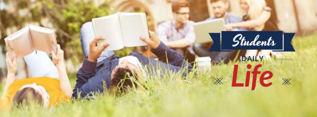 Modèle de visuel Students reading Books on grass - Facebook cover