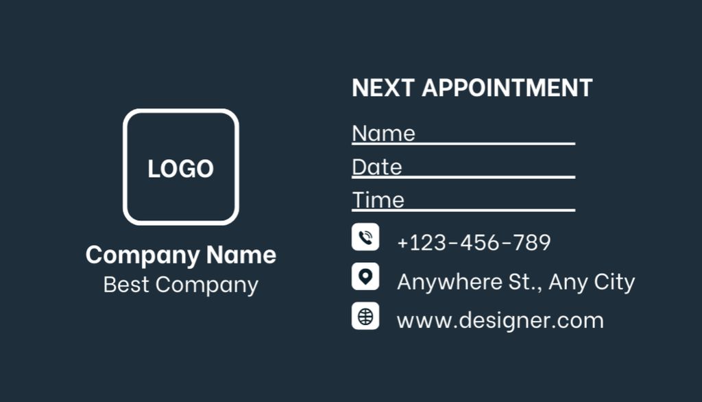 Minimalist Layout of Appointment Reminder on Blue Business Card USデザインテンプレート