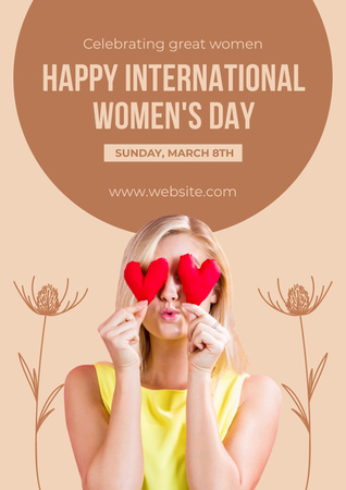 Женщина с красными сердцами в Международный женский день Poster – шаблон для дизайна