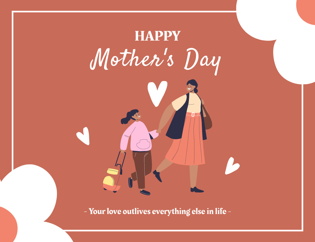 Mother's Day Celebration with Cute Illustration of Mom and Daughter Thank You Card 5.5x4in Horizontal Šablona návrhu