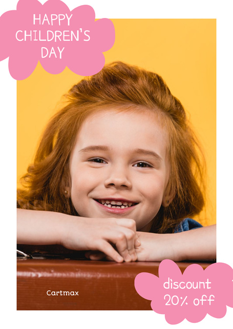 Children's Day Discount Offer with Little Girl Postcard A6 Vertical Design Template