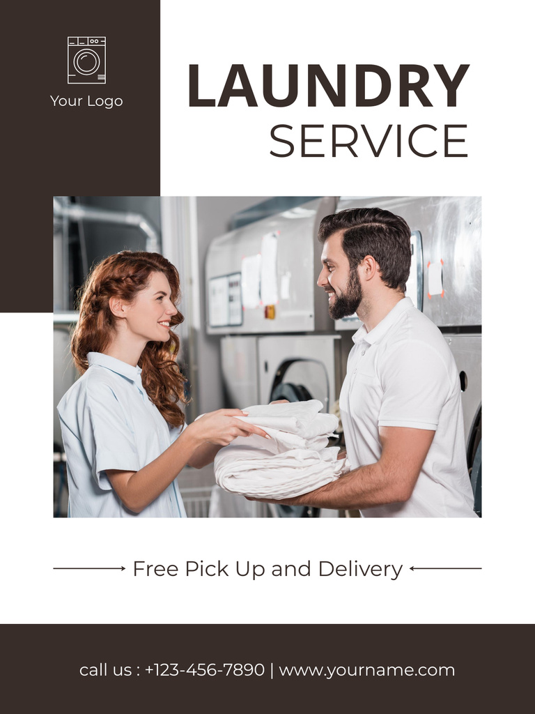 Laundry Service Offer with Young Man and Woman Poster US Tasarım Şablonu