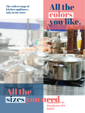 Kitchen Utensils Store Ad Pots on Stove Poster US Πρότυπο σχεδίασης