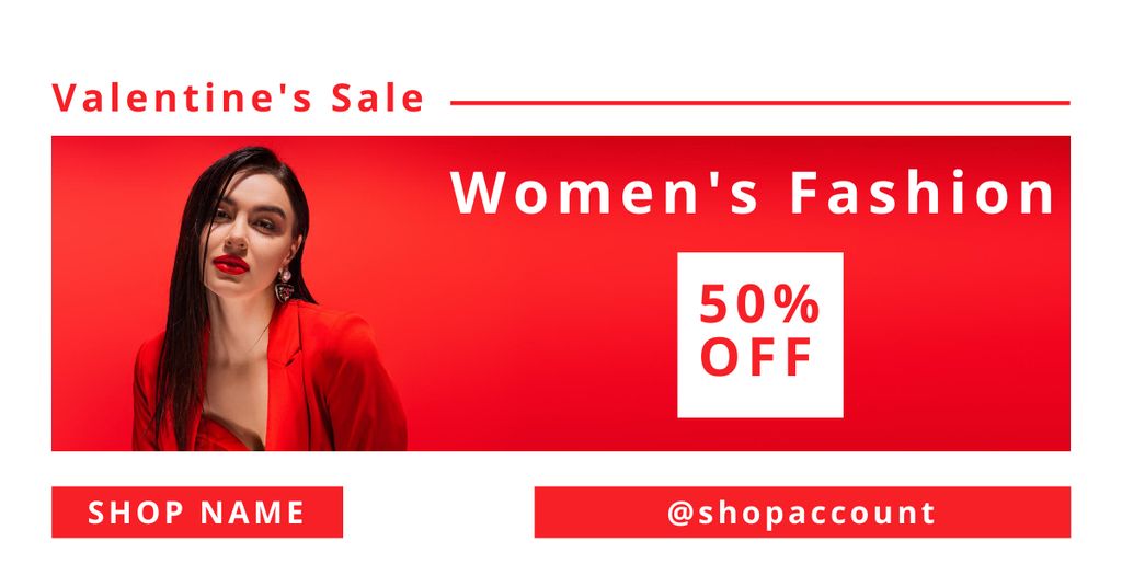 Valentine's Day Sale Announcement with Brunette in Red Facebook AD Design Template