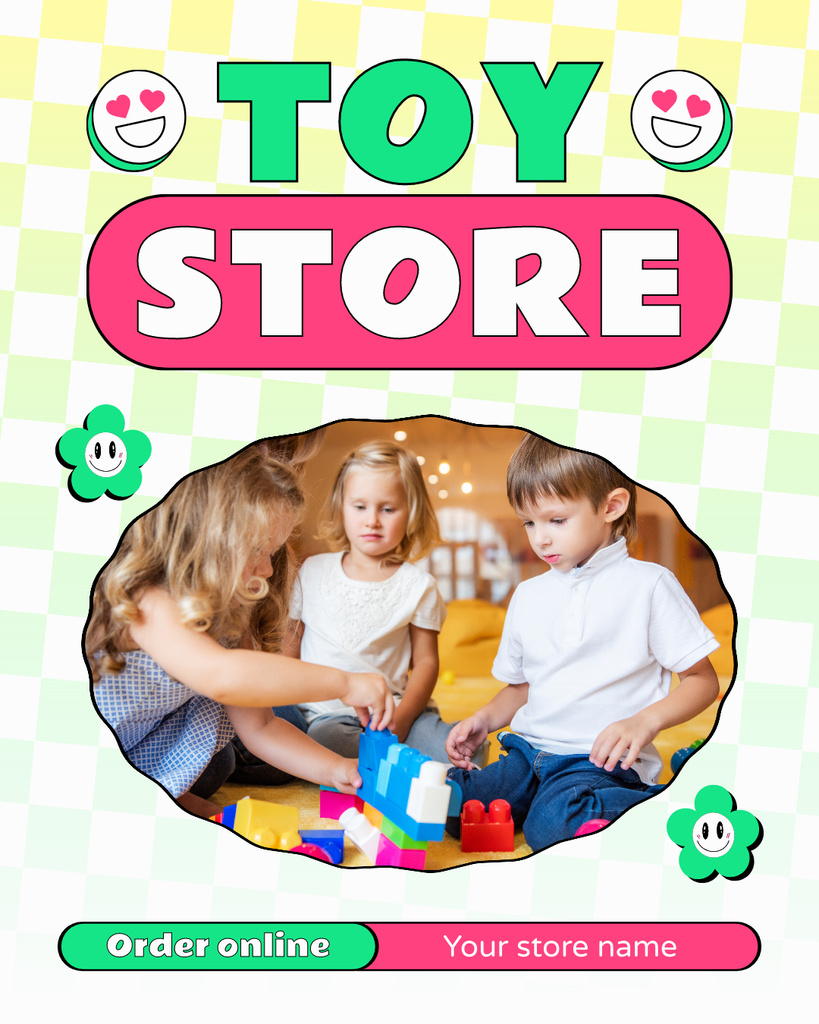Designvorlage Bright Advertising of Toy Store with Children für Instagram Post Vertical