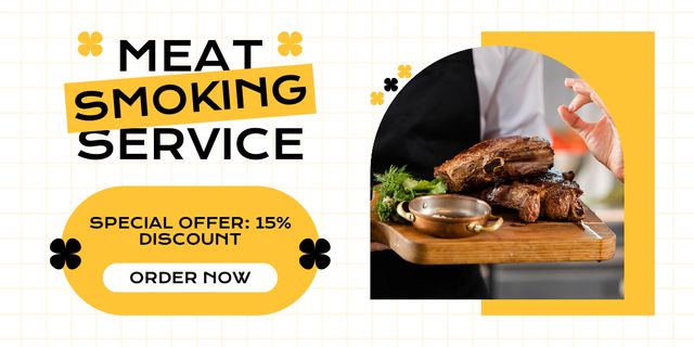 Meat Smoking Services Offer on Yellow Layout Twitter Modelo de Design