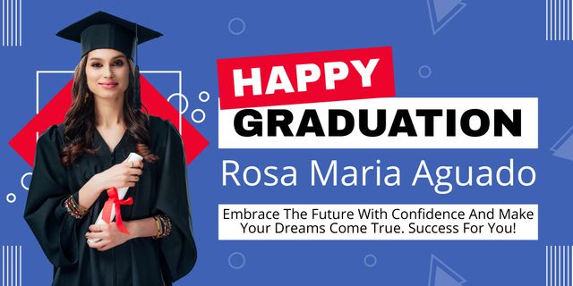 Happy Graduation to Young Woman on Blue Twitter Design Template