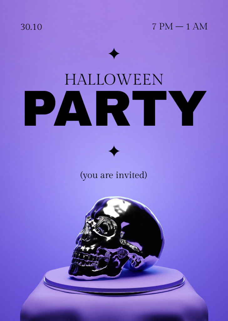 Vivid Halloween Party Ad with Silver Skull Flyer A6 Tasarım Şablonu
