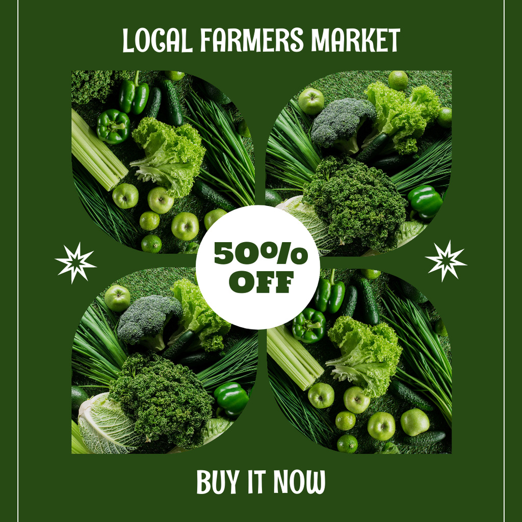 Advertisement for Local Farmer's Market with Green Vegetables and Fruits Instagram ADデザインテンプレート