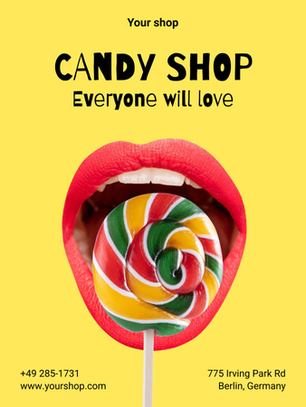 Lollipop Candies Store Ad on Yellow With Slogan Poster 36x48in Πρότυπο σχεδίασης