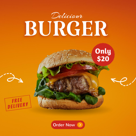 Delicious Burger Sale Offer on Yellow Instagramデザインテンプレート