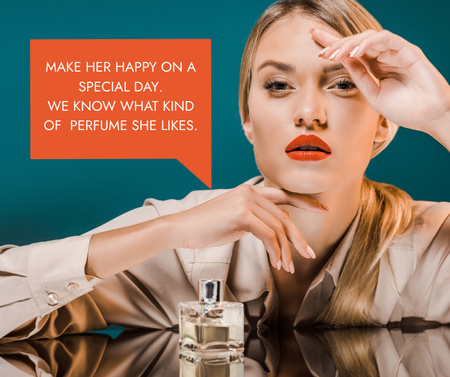 Ontwerpsjabloon van Facebook van aanbieding parfums te koop met mooi meisje