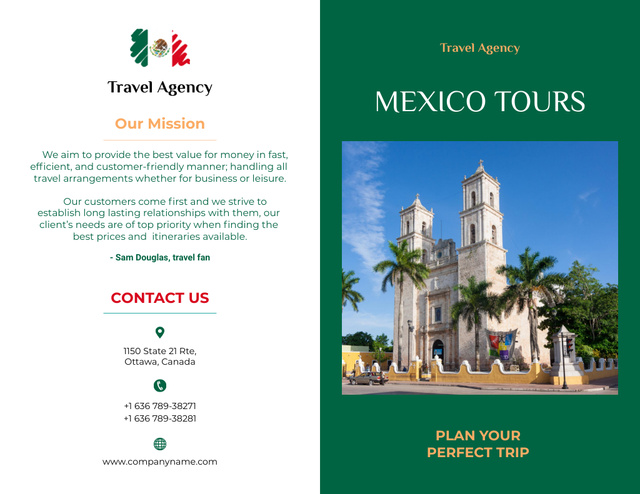 Travel Tour Offer to Mexico with Agency Contacts Brochure 8.5x11in Bi-fold Πρότυπο σχεδίασης