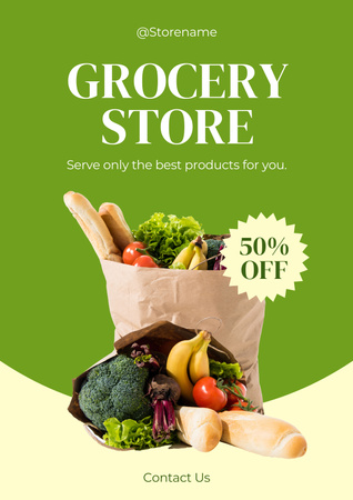 Fresh Fruits And Veggies In Paper Bags Discount Poster Design Template