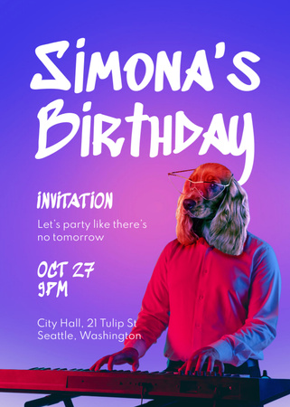 Platilla de diseño Birthday Party Announcement with Dog playing on Synthesizer Invitation