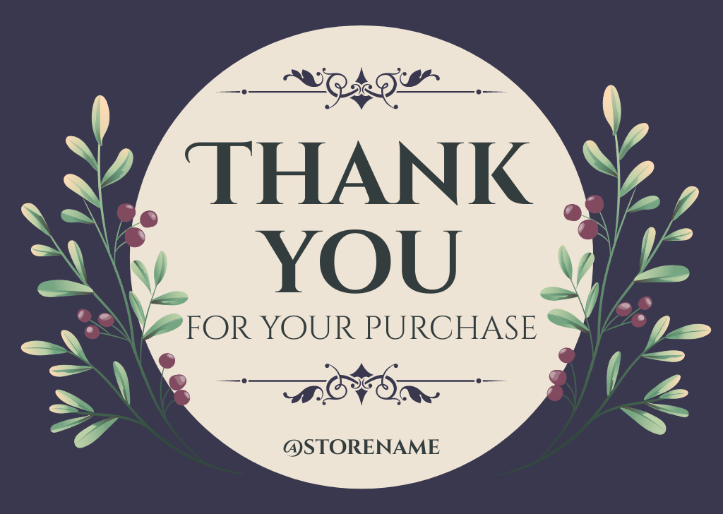 Template di design Thank You Message for Purchase with Botanical Round Frame Card