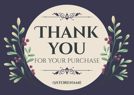 Thank You Message for Purchase with Botanical Round Frame Card Design Template