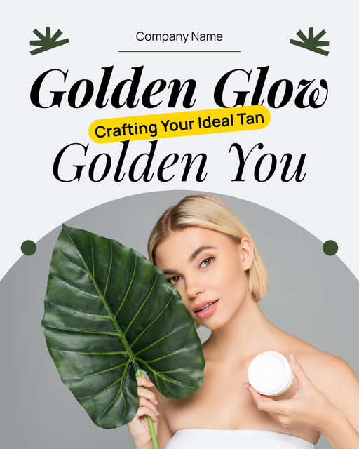 Designvorlage Quality Tanning Cosmetics Offer with Young Woman and Green Leaf für Instagram Post Vertical