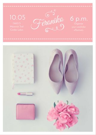 Designvorlage Fashion Event Announcement Pink Outfit Flat Lay für Invitation