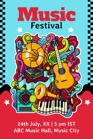 Anúncio colorido do festival de música com instrumentos Pinterest Modelo de Design