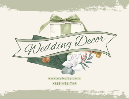 Wedding Ceremony Decor with Green Watercolor Illustration Thank You Card 5.5x4in Horizontalデザインテンプレート