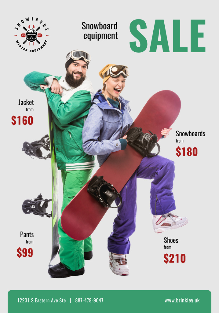Plantilla de diseño de Snowboarding Equipment Sale with Couple with Snowboards Poster 28x40in 