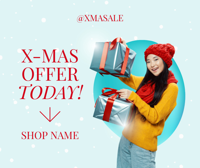 Platilla de diseño Christmas sale with Asian Woman Smiling Facebook