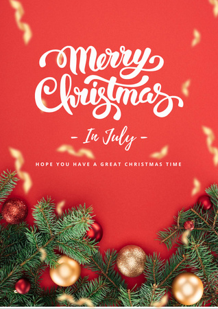 Merry Christmas in July with Christmas Decorations and Fir Branches Flyer A4 Design Template