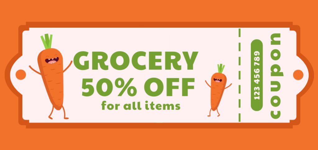 Grocery Store Ad with Cute Cartoon Carrot Coupon Din Large Πρότυπο σχεδίασης
