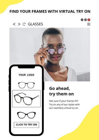 Nuori afroamerikkalainen nainen kokeilee silmälaseja verkossa Newsletter Design Template