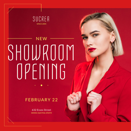 Modèle de visuel Annonce d'ouverture de la salle d'exposition femme en costume rouge - Instagram