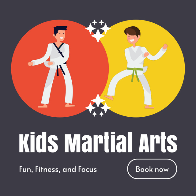 Kids' Martial Arts Ad with Illustration of Little Fighters Animated Post tervezősablon