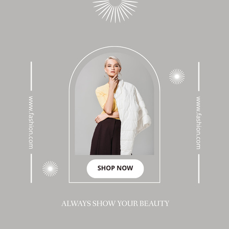 Designvorlage Verkaufsanzeige für modisches Outfit und Pufferjacke für Instagram