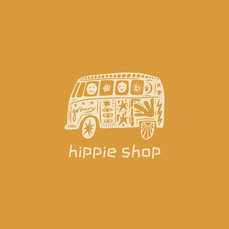 Hippie Shop Offer with Cute Bus Logo Design Template