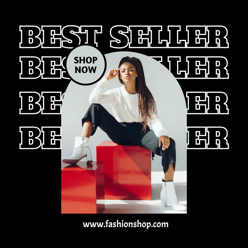Model Posing on Red Box And Fashion Shop Announcing Best Offer Instagram Tasarım Şablonu