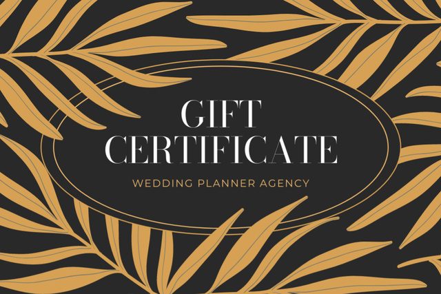 Wedding Planner Agency Ad with Golden Branches and Leaves Gift Certificate Design Template